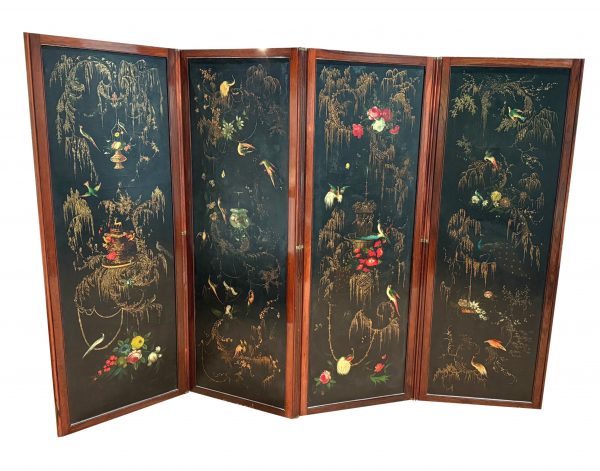 Rosewood & Chinoiserie 19th Century Four Fold Scren