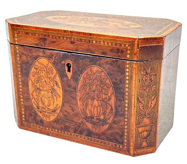 Georgian Yew Tea Caddy With Floral Inlaid Decoration