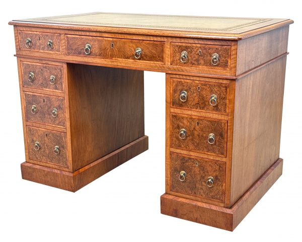 Small Late 19th Century Burr Walnut Pedestal Desk