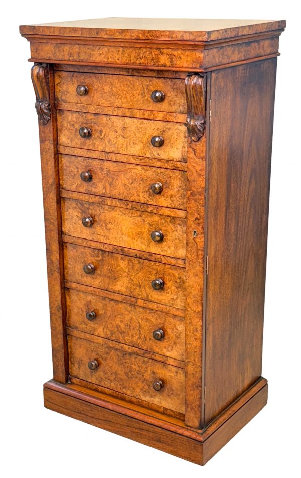 19th Century Burr Walnut Wellington Chest Of Drawers