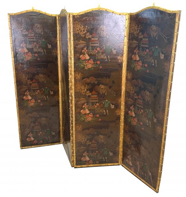 Four Fold 19th Century Chinoiserie Leather Screen