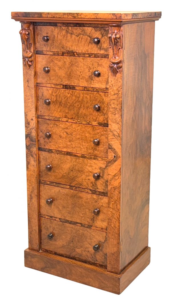 Mid 19th Century Burr Walnut Wellington Chest Of Drawers