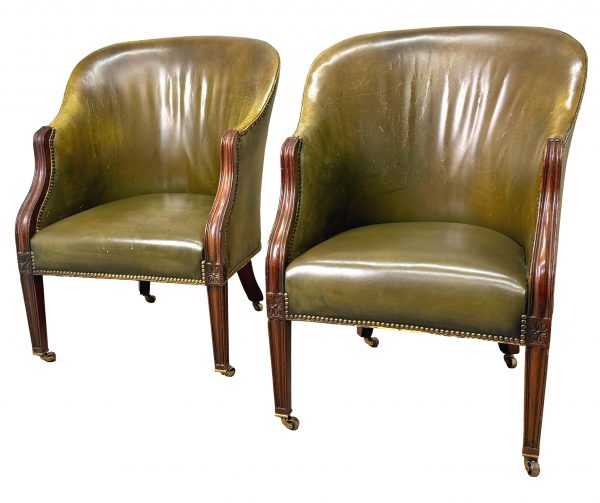 Pair Of 19th Century Hepplewhite Style Leather Library Armchairs
