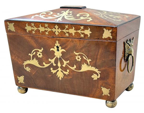 Regency Mahogany 19th Century Brass Inlaid Tea Caddy