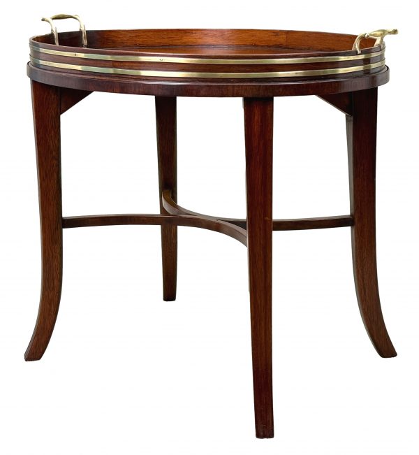 Georgian Mahogany Oval Tray On Stand With Brass Bound Decoration